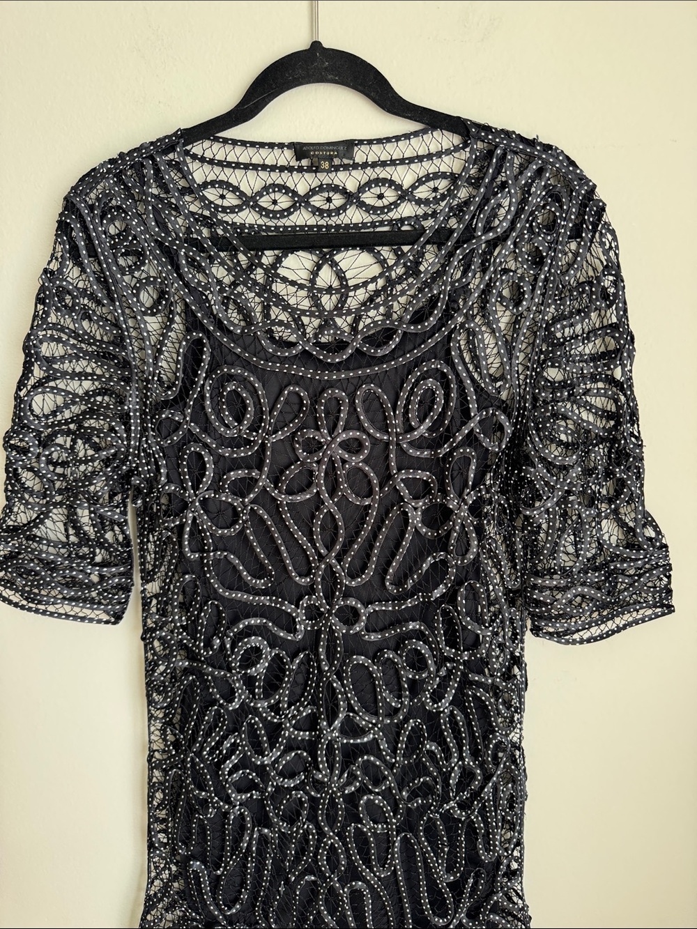 Adolfo Dominguez Costura Black Mesh Ribbon Cocktail Dress Size US 4 EU 38 Sheer - Picture 4 of 12